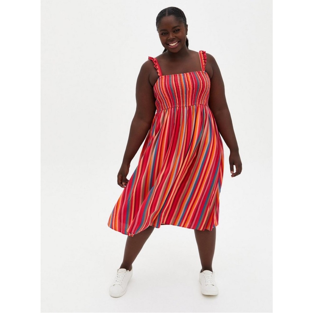 Torrid Midi Challis Smocked Tiered Dress in Stripe Pink - Picture 2 of 13